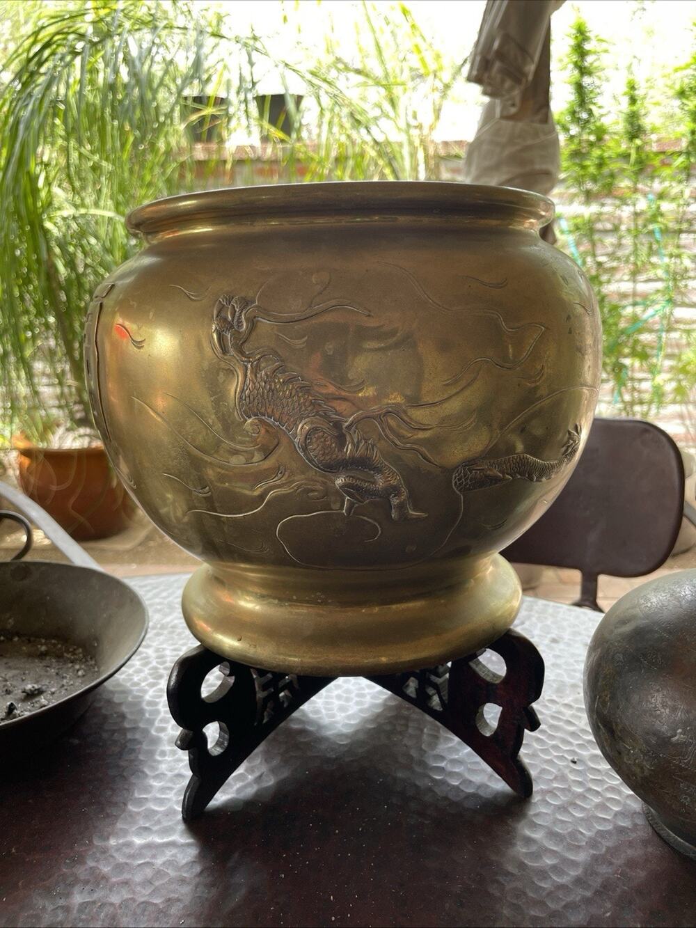 Large Gold Brass Dragon Print Jardiniere Flower Pot Planter With Handles